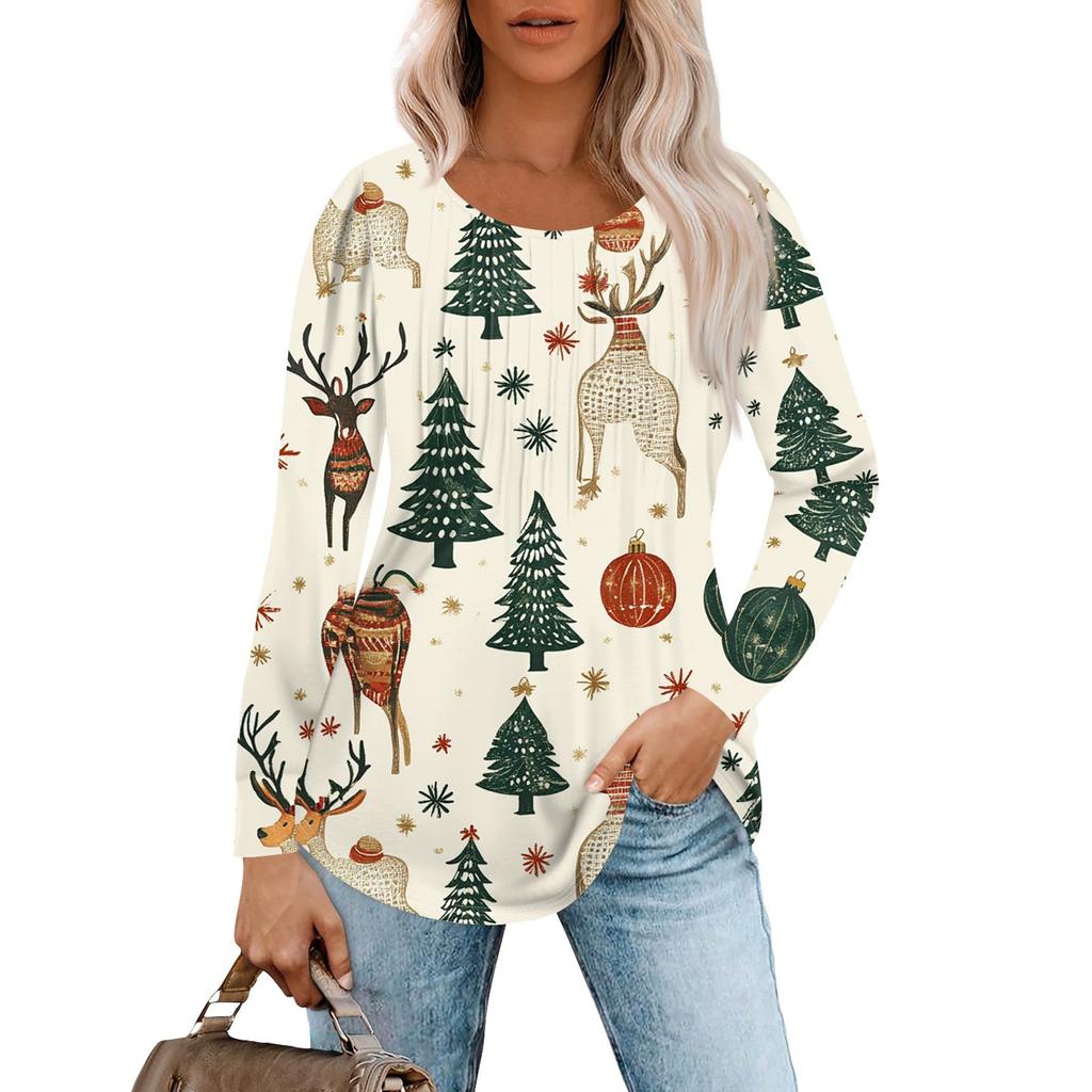 Женская повседневная футболка с круглым вырезом и длинными рукавами с рождественским принтом и складками
