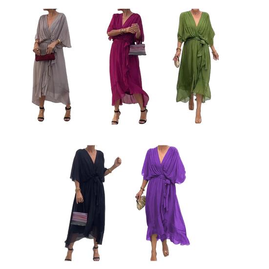 Вечернее платье Рукава «летучая мышь» Неровный оборчатый подол V-образный вырез Шнуровка Талия Плиссировка