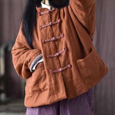 Женские винтажные льняные парки на пуговицах, однотонные пальто, зимние пальто со стойкой и хлопковыми карманами, женские китайские парки