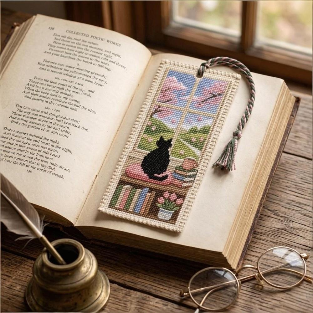 Handcrafted Seasonal Cat Embroidery Bookmark Book Page Marker Material Kit Beginners