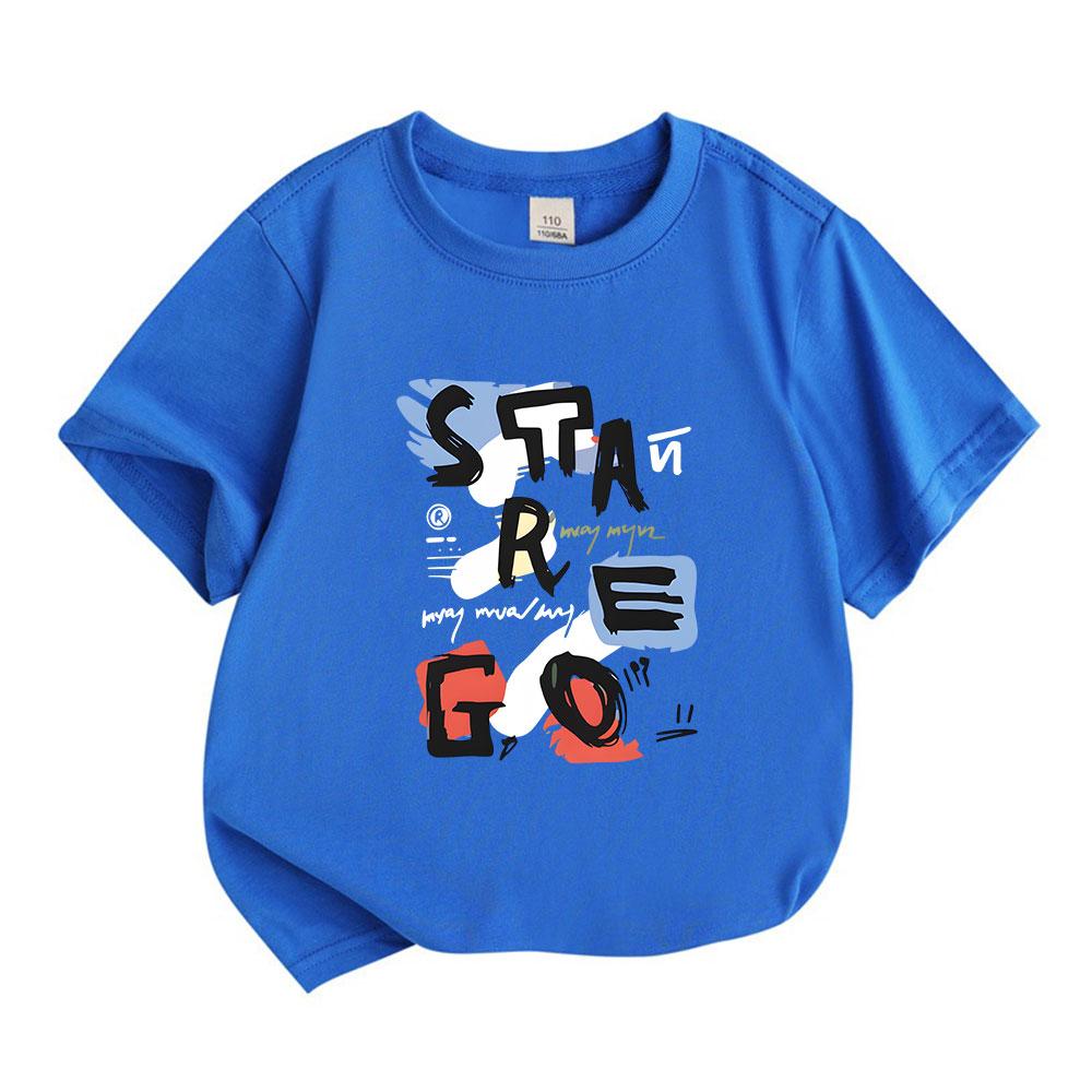 Kids Boys Girls 100% Cotton Crew Neck Short Sleeve T-Shirt, Stylish Stare Go Graffiti Print Casual Soft Breathable Tee for Daily Wear Summer Active To