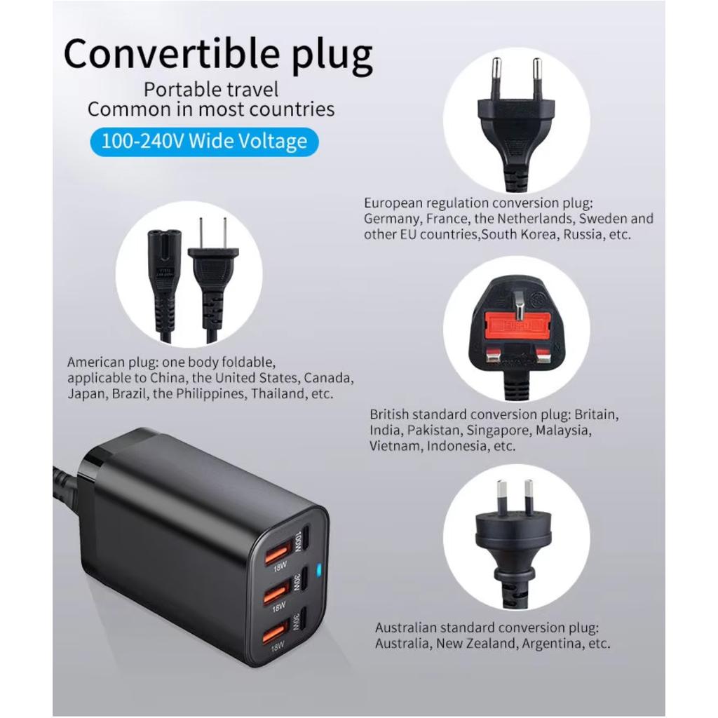 USB C Desktop Charger GaN 6 Port Charging Station PD QC Fast Charging Travel Adapter for Laptop MacBook Phone Tablet