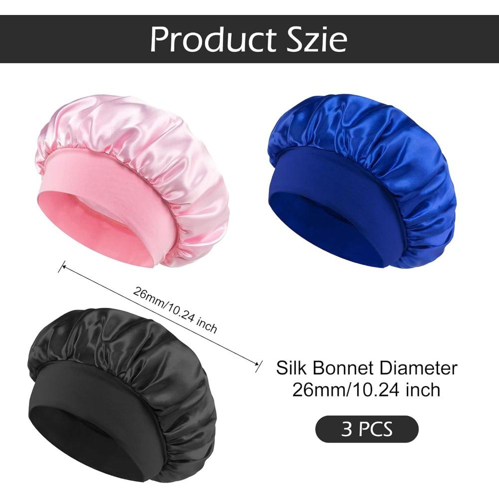 3 Pcs Kids Silk Bonnet for Sleeping, Satin Hair Bonnet for Girls Boys, Soft Sleep Cap for Toddlers Teens, Black Blue Pink