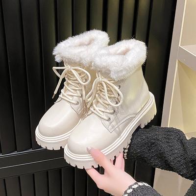 Зимние Новые Хлопковые Ботинки на Блочном Каблуке Женская Мода Круглый Носок Шнуровка Спереди Платформа Нескользящие Короткие Ботинки