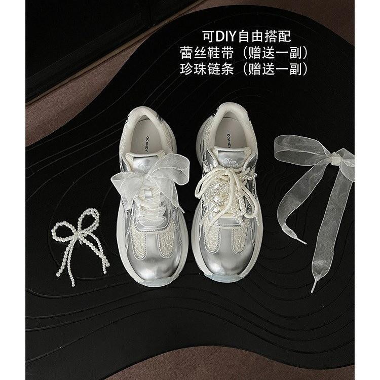 2025 новые шнурки, уменьшающие возраст, универсальные папины кроссовки, подошвы-полумесяцы, внутренняя высота, шнуровка, жемчуг, спортивная и повседневная обувь для женщин