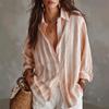 Lazy Commute Style Women Striped Linen Shirt Lapel Long Sleeve Loose Fit Button Down Casual
