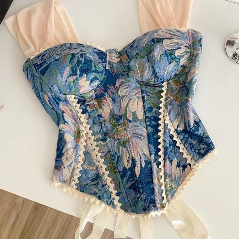 Sleeveless Fishbone Corset Floral Print Crop Tops Tank Top Suspender Vest Streetwear