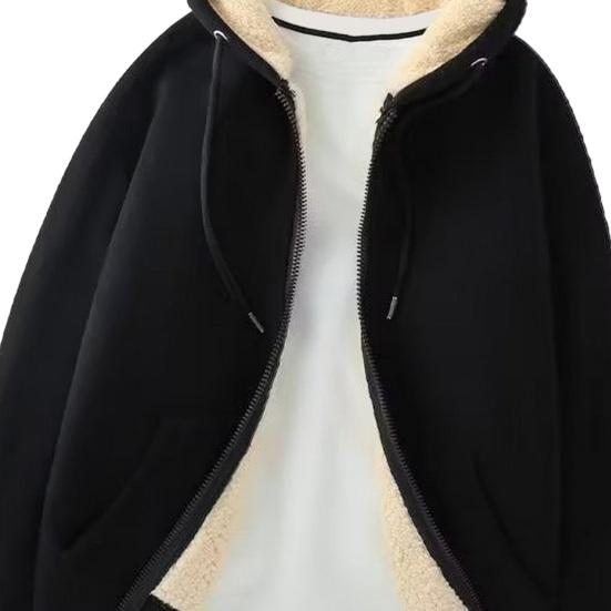 Autumn Winter Men's Fleece Hooded Jacket Winter Thickened Zipper Closure Warm Casual Solid Color Hoodie with Zipper Coat