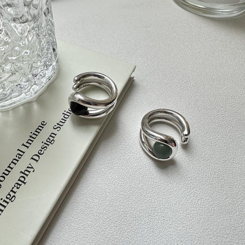 Кольцо-заявление из серебра S925 с корейским авантюрином и черным агатом