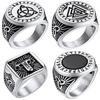 Стальное Кольцо-Печать с Рунами Викингов для Мужчин Женщин Норвежская Голова Волка Черный Оникс Ювелирное Изделие Размер 7-14