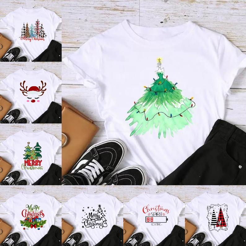 Christmas Womens Round Neck Short Sleeved Christmas Tree Reindeer Print Womens Loose Oversized Comfortable White Tshirt