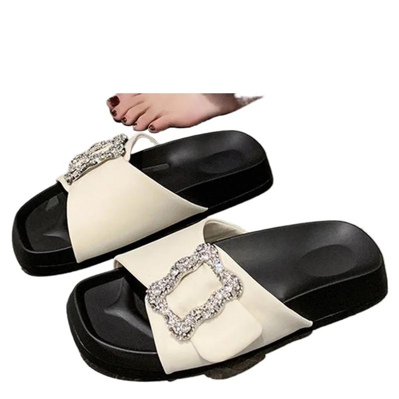 Модные женские тапочки с кристаллами и пряжкой, черные, хаки, бежевые, без застежек, модные шлепанцы, повседневные сандалии, удобные туфли со стразами