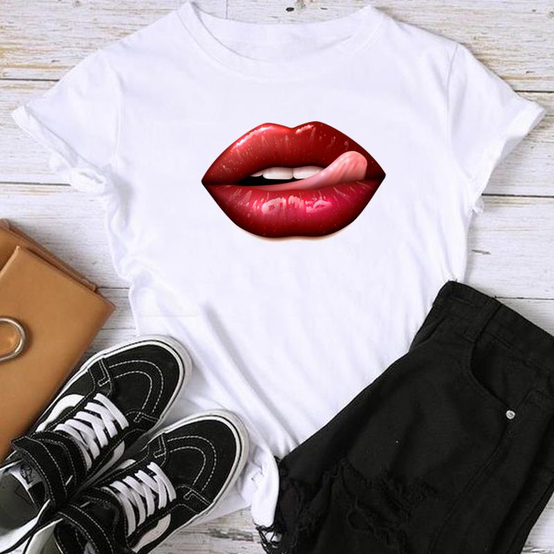 (Asian Size) Fashion Lip Watercolor Style 90s Trend Sweet Print Graphic Tee Female Casual T Clothing Casual Women's Top Short Sleeve T-shirt