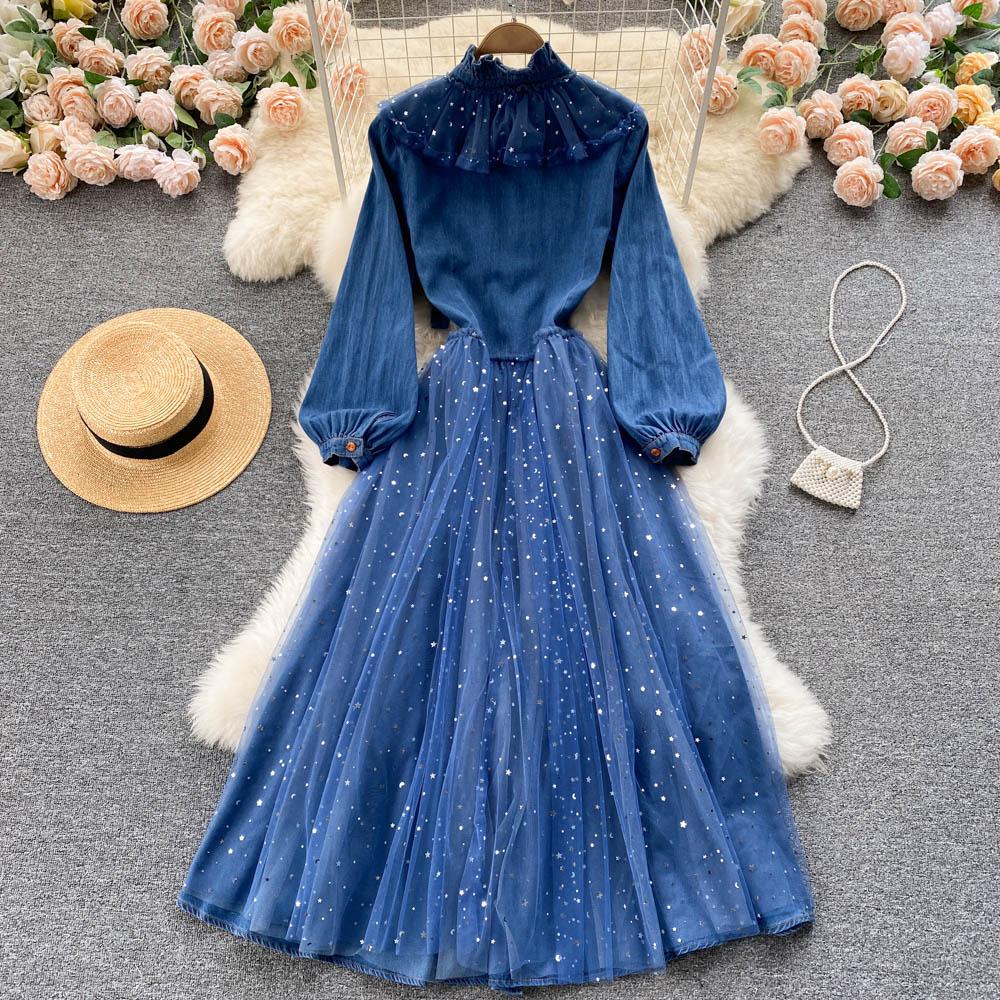 Весеннее новое платье с воротником-стойкой и застежкой на талии, элегантное платье-рубашка из денима с сетчатой строчкой и эффектом старения