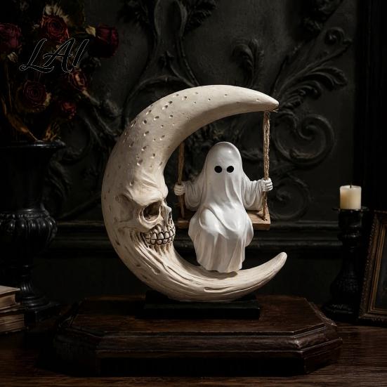 Niche Home Accents Halloween Ghost Swing Figurine Spooky on A Moon Statue Party Favors Resin Gothic Decoration for Desktop Mantel Fireplace,
