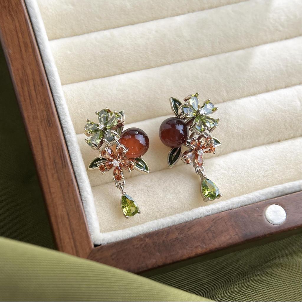 Винтажные серьги-пусеты в виде цветка из циркона оливкового цвета - Ретро придворный стиль с элегантностью тяжелой промышленности для женщин