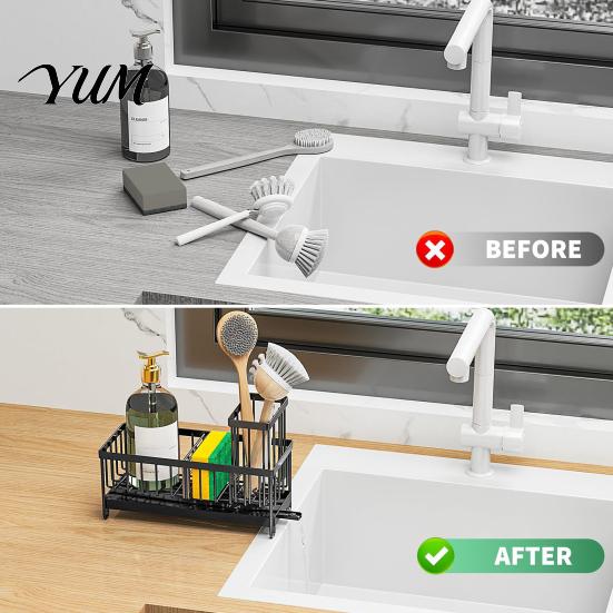 Carbon Steel Sink Caddy Organizer with Drain Tray, Durable Sponge Holder, Kitchen Detachable Space Saving for Dishwashing Brushes And Soap Dish Brush
