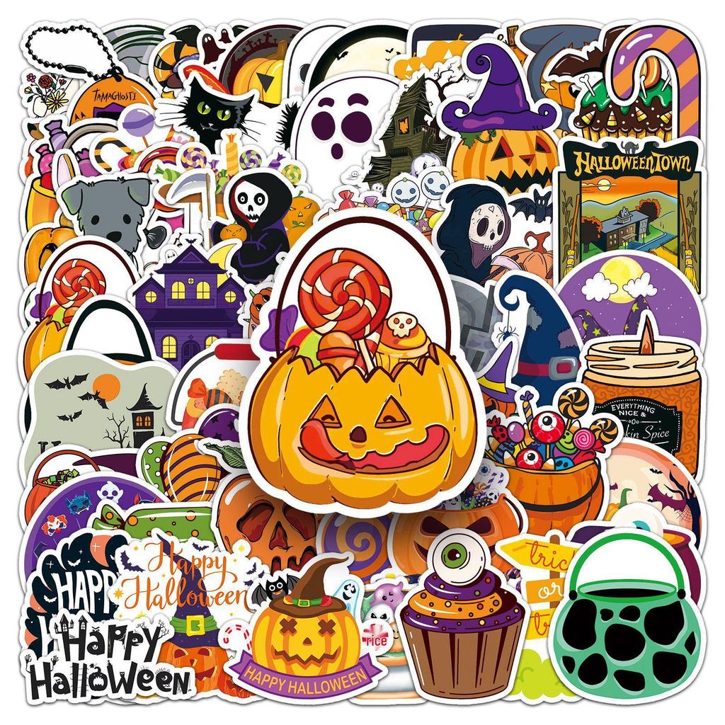 100 Хэллоуинских Граффити Наклеек: Персонализированные Мультяшные Праздничные Украшения для Бутылок с Водой и Чехлов для Телефонов.
