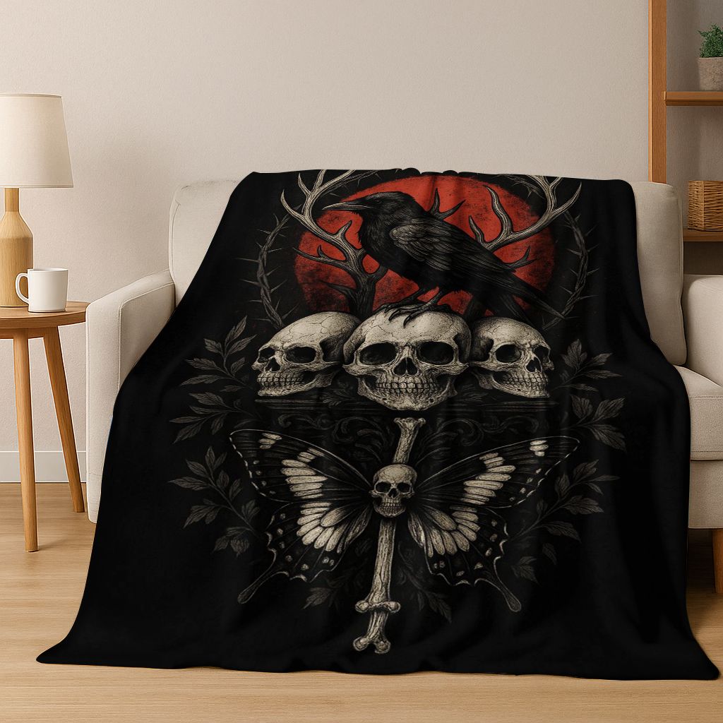 3D Viking Oding Raven Crow Skull Huginn Muninn Norse Flannel Blanket,Warm and Cozy Soft Throw Blanket for Home Bedroom Bed Sofa