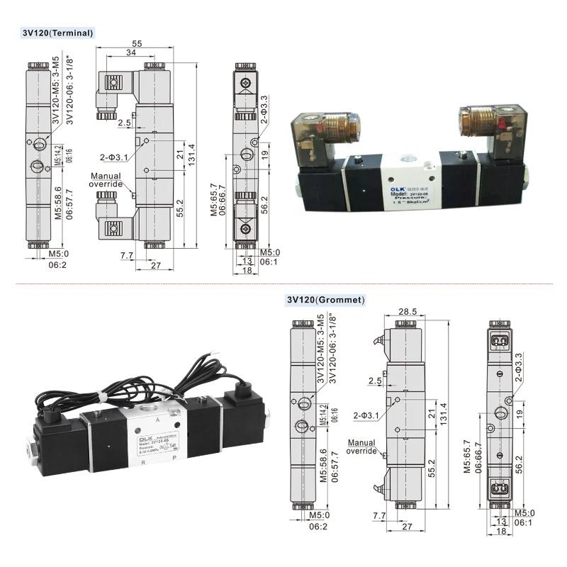 1PCS 3V120-06 3V120-M5 Pneumatic Air Solenoid Valve 3/2 Way AC220V DC24V DC12V AC110V AC24V Normally Closed Valves