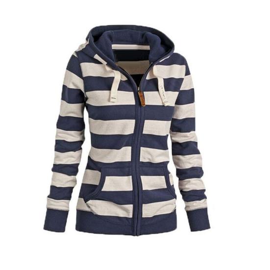 Женская теплая полосатая толстовка с капюшоном с капюшоном и карманами, куртка на молнии, пальто