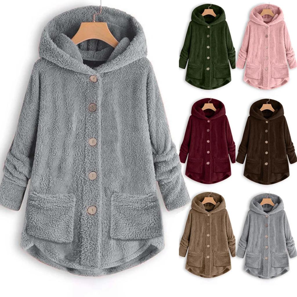 Solid Color Plush Jacket Women's Button Irregular Hooded Irregular Long Sleeve Top Plus Size