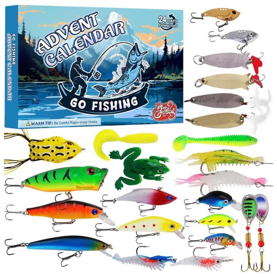 2024 Christmas Advent Calendar Fish Tackle Set 24 Days Countdown Fishing Lure Daily Fishing Gear with Baits Hooks Accessories