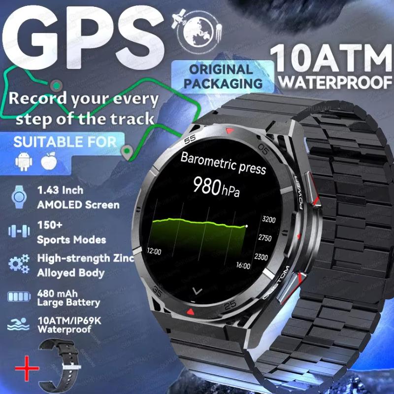 2025 Новые двухдиапазонные спутниковые GPS умные часы для мужчин 1,43'' AMOLED экран Компас Пульсометр BT вызов IP69 Водонепроницаемые часы для плавания