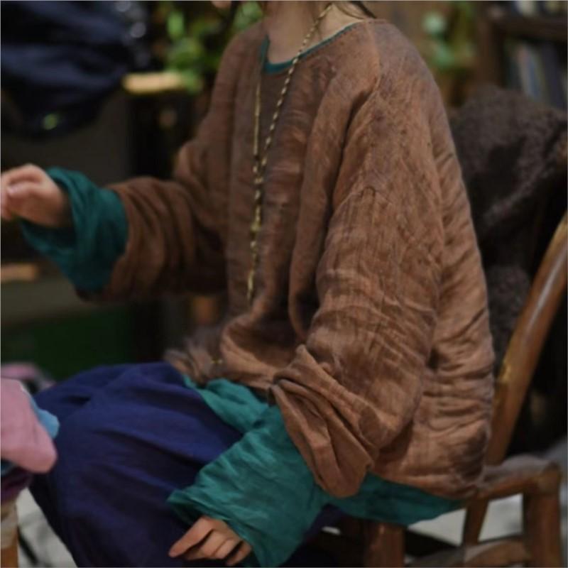 Johnature Модная винтажная однотонная свободная повседневная футболка женская весенняя футболка в китайском стиле с круглым вырезом и длинными рукавами