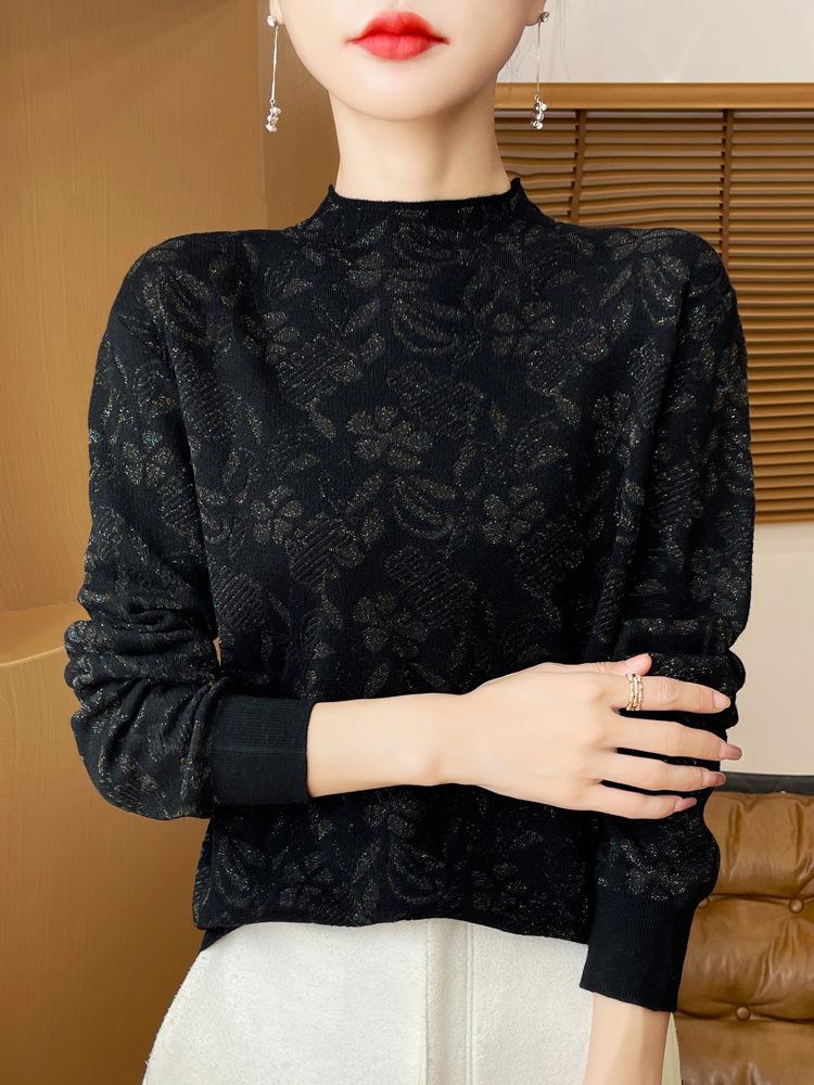 Dark Floral Half-High Collar Sweater for Women - Autumn/Winter Knitwear, Versatile Stylish Base Layer Top