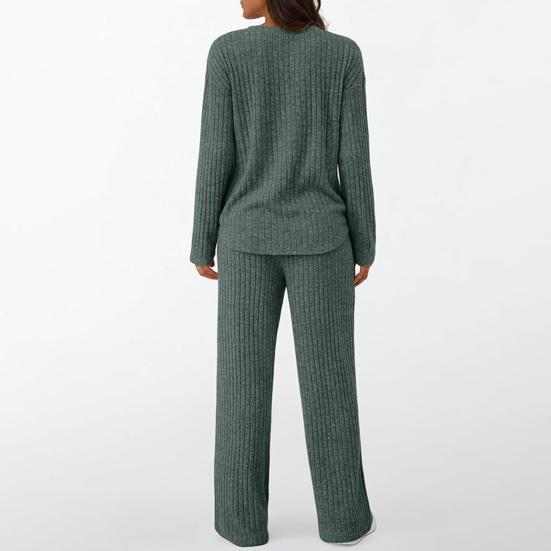 Женские костюмы для отдыха из двух частей, повседневный топ с длинным рукавом, брюки с широкими штанинами, пижамный комплект, вязаный в рубчик свитер, одежда для сна