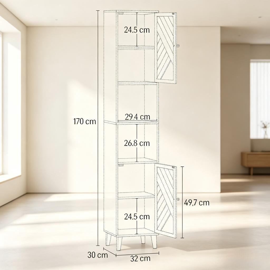 Modern Corner Cabinet, Tall Narrow Cabinet with Open Compartments and Patterned Doors, Slim Standing Cabinet (only with corner cabinet)