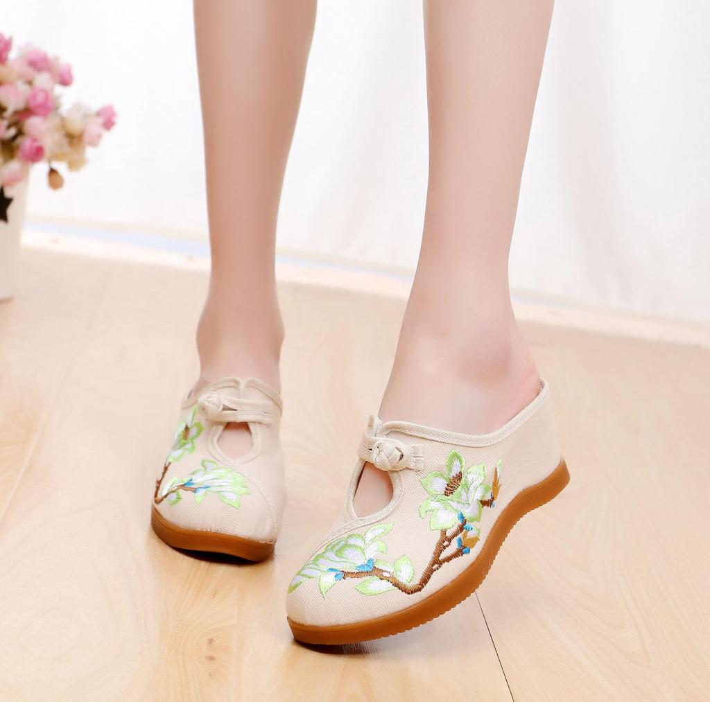 Вышитые льняные тапочки на танкетке в стиле ретро с ароматерапией