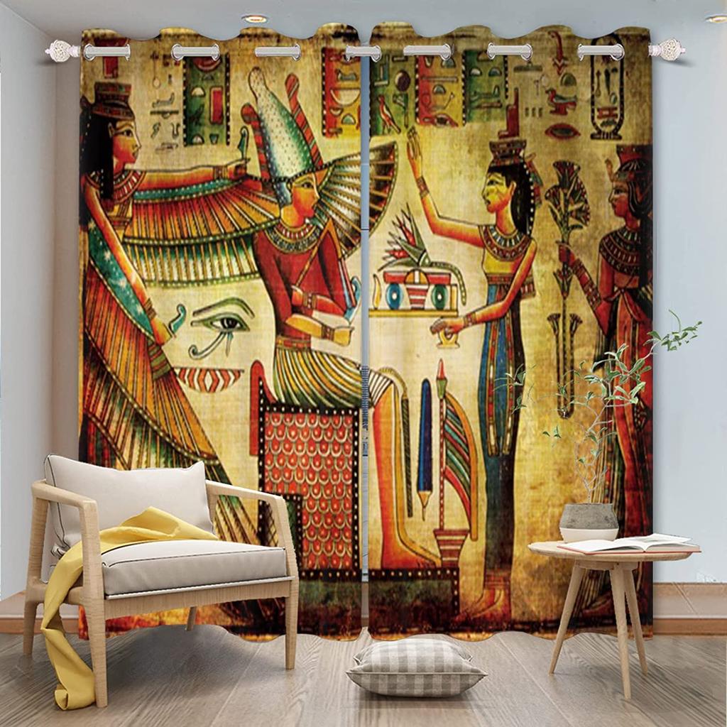 Египетские оконные шторы иероглифы на фресках в древнем египетском храме, затемненные занавески, винтажные шторы, домашний декор для спальни, 2 панели