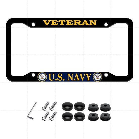 2 Pcs License Plate Frame for U.S. Army Veteran Black Matte Aluminum Car Plate Cover Holders with Screw Caps