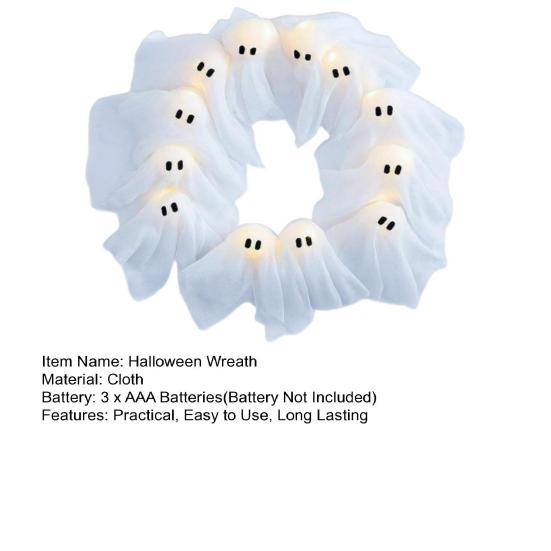 Handmade Lit Ghosts Wreath Halloween Ghost Garland with Lights Battery-Powered LED Light-Up White Spooky Garland Decoration