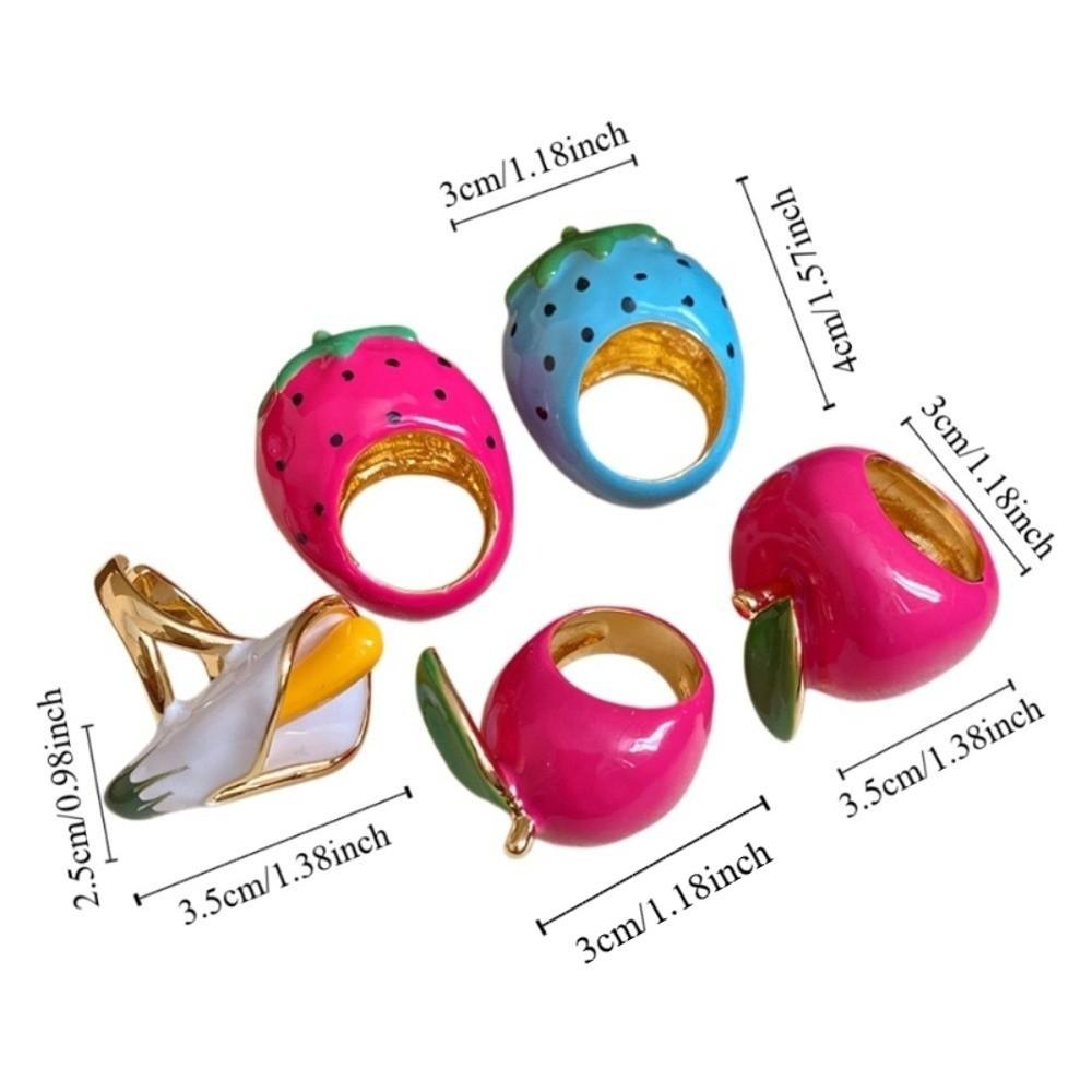 Strawberry Cherry Vintage Ring Flower Big Floral Ring Colorful Enamel Fruit Ring Party