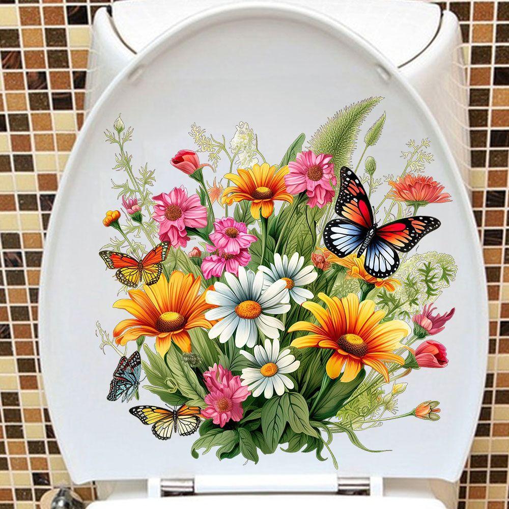 Easy To Paste Butterfly Flower Removable Stickers Mildew-proof Toilet Lid Decals Wall
