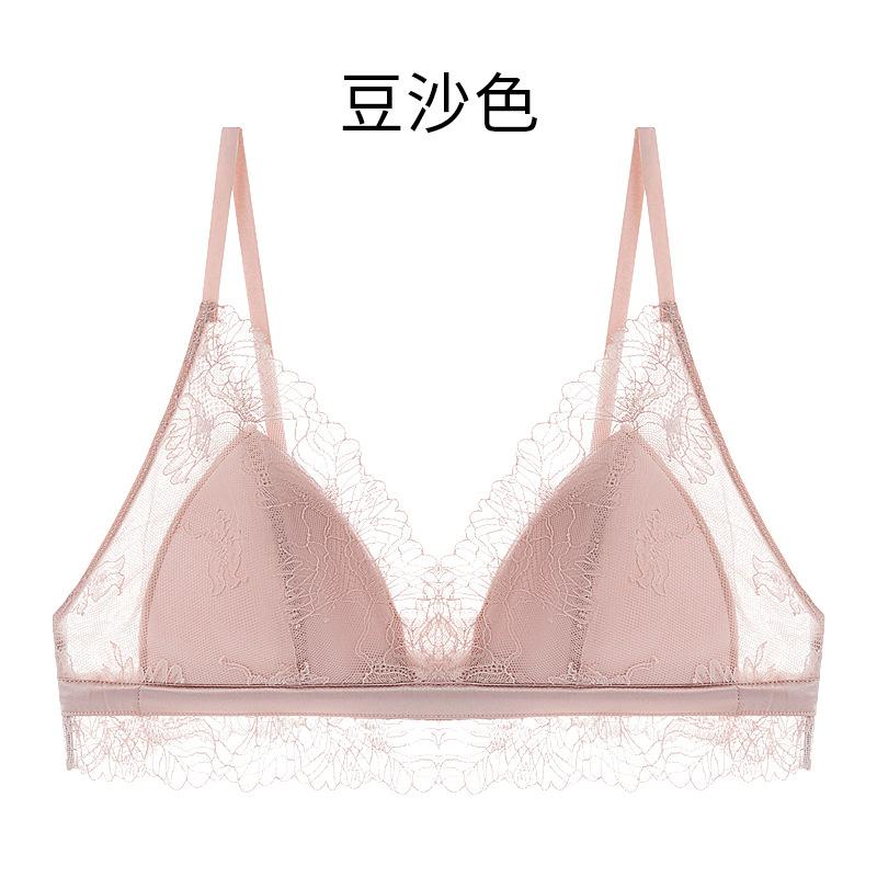 Spring and summer French silk triangle cup underwear, ultra-thin sexy lace small chest mulberry silk bra satin