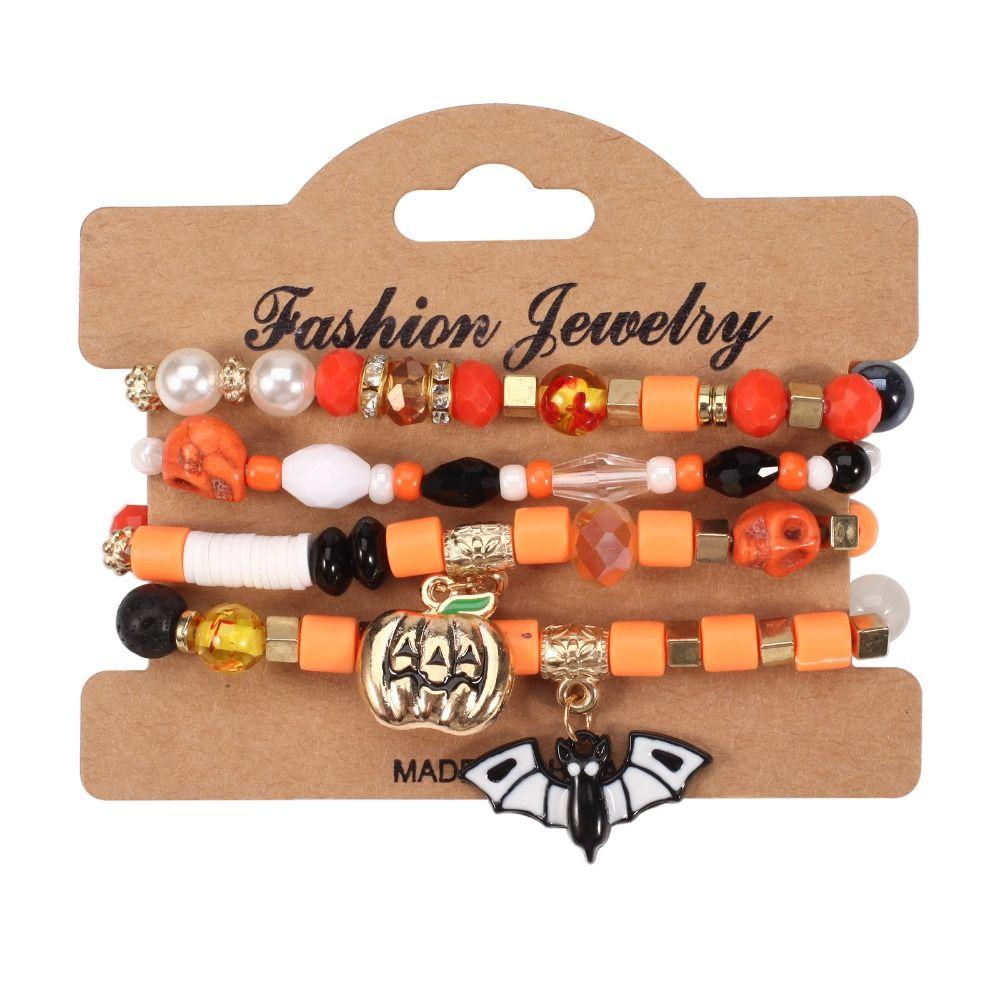 4pcs Halloween Bracelet Pumpkin Ghost Bat Bracelet Colorful Bead Hand Accessory Trick Or Treat Happy Halloween Favors Kid Girl