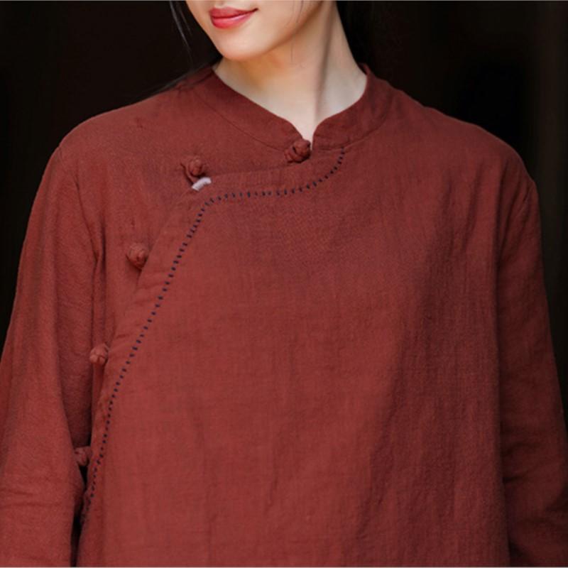 Johnature Женские винтажные рубашки, топы, стойка, длинный рукав, однотонные блузки, осенние рубашки на пуговицах