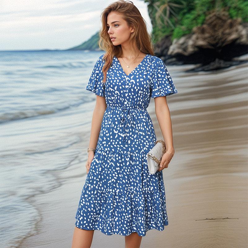 Летнее женское платье с коротким рукавом и леопардовым принтом, V-образный вырез, длиной до колена