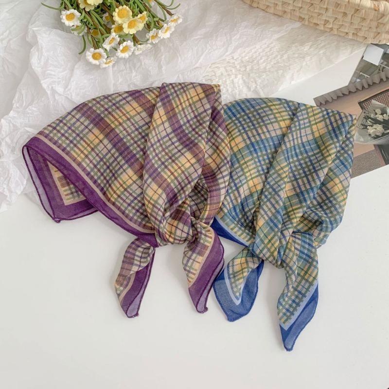 Шелковый шарф на шею маленький квадратный шарф высококачественный новый универсальный клетчатый платок летний женский пасторальный ободок для волос завязанный лентой для волос