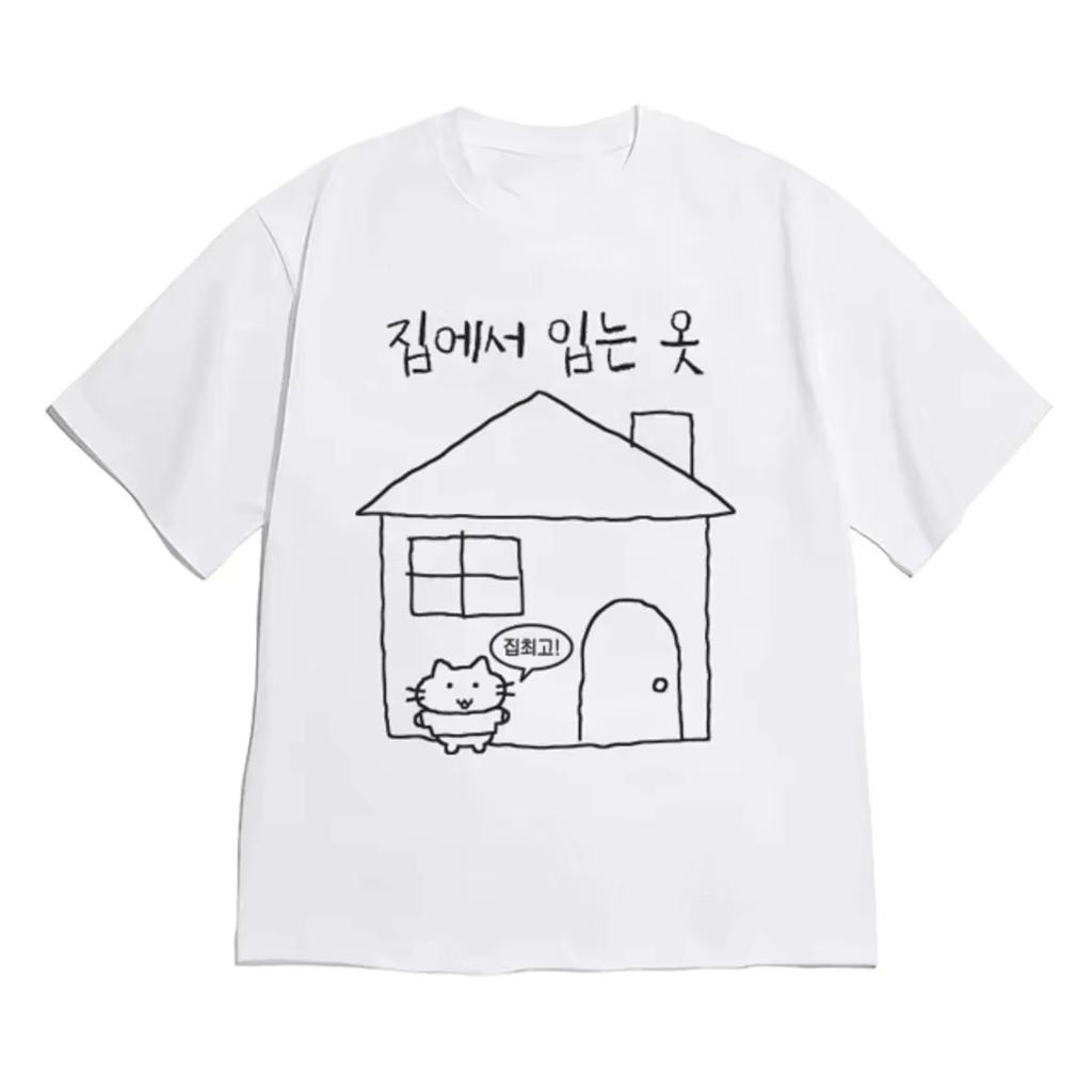 Unisex Korean Version Of Ins Style Tshirt Cute Handpainted Domestic Cat Text Graphics Tshirt Loose Y2k Casual Everyday Shirt