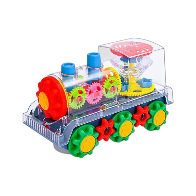 Transparent Musical Rotating Locomotive Toy with Universal Driving and Gear Linkage