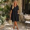 Шикарное Повседневное Платье Женское Летнее С Коротким Рукавом для Женщин, На Пуговицах V-образный Вырез Стильный Наряд для Бранча А-силуэта, Легкое Пляжное Платье-сарафан для Отпуска с Карманами