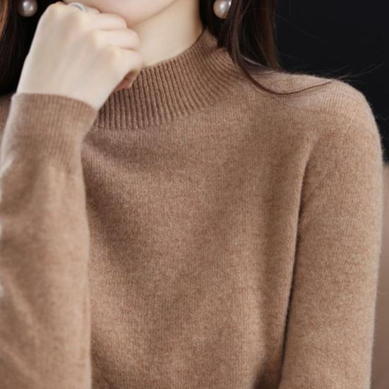Женский свитер с длинным рукавом и средним воротником, мягкий эластичный однотонный трикотажный нижний слой для повседневной носки