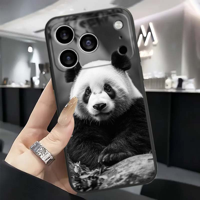 Мультяшный Аниме Панда Милый Для Apple iPhone 17 16 16E 15 14 13 12 11 Pro Max Plus Черный Мягкий Силиконовый Чехол для Телефона