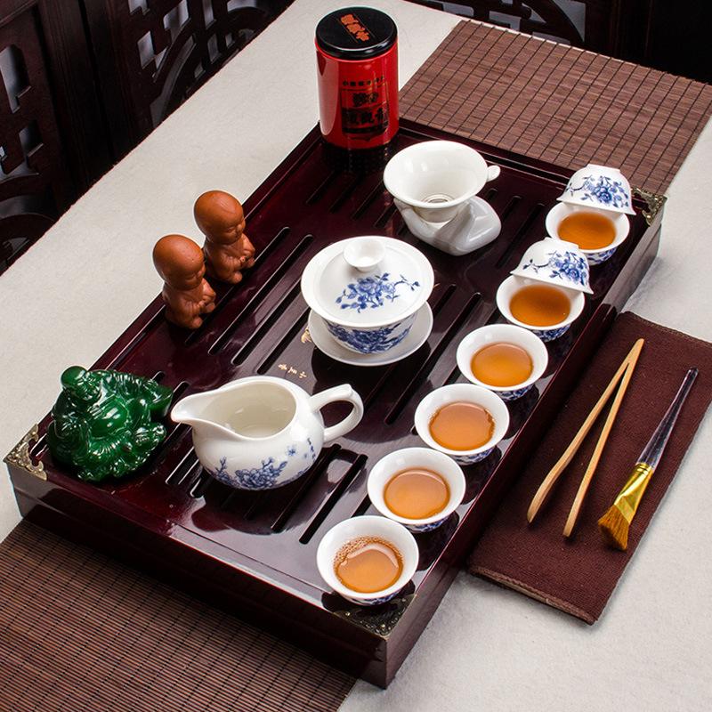 Китайский чайный сервиз, прозрачный термостойкий стеклянный чайный сервиз из массива дерева с подносом для чая кунг-фу.