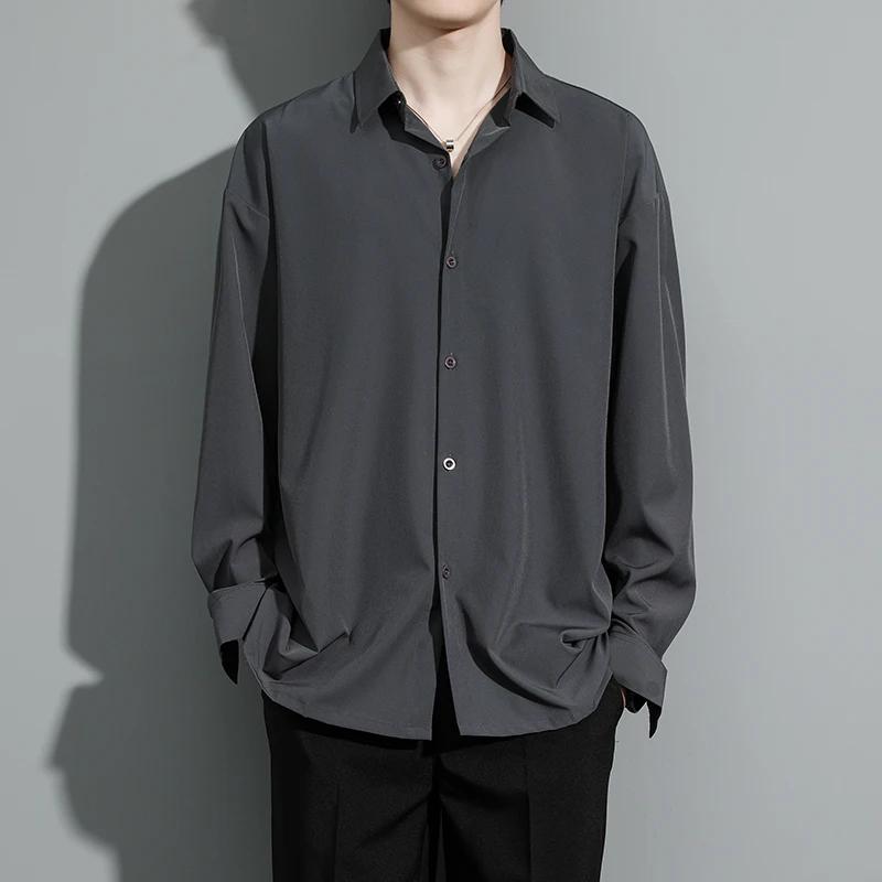 Мужская черно-белая рубашка на весну-лето 2026 года, мужские рубашки из ледяного шелка, мужская повседневная рубашка свободного кроя, мужская рубашка с длинным рукавом, корейская рубашка